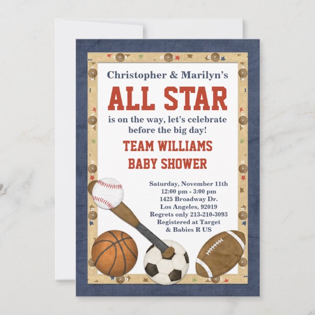 Invitation de Baby shower d'étoiles Sports All Sta (Devant)