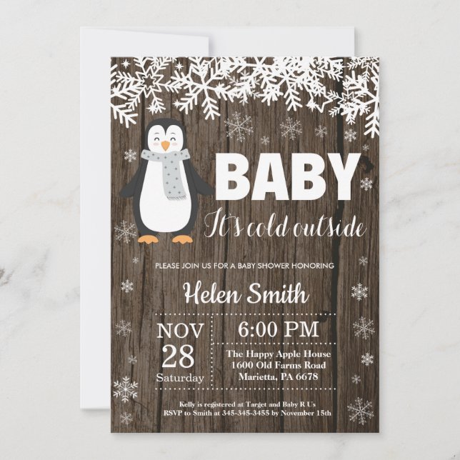 Invitation de Baby shower d'hiver de Pingouin rust (Devant)