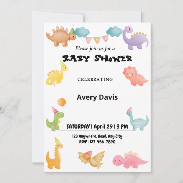 Invitation de Baby shower Dinosaure personnalisée (Devant)