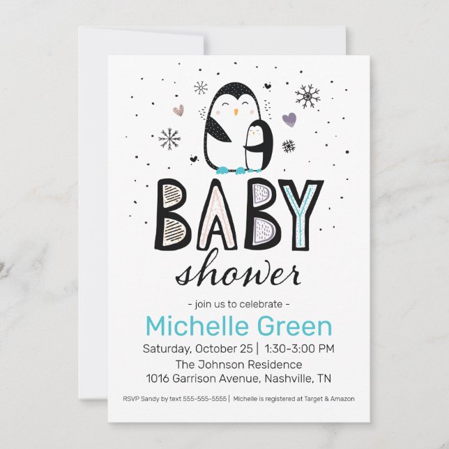 Invitation de Baby shower Doodin Winter Penguin (Devant)