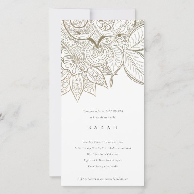 Invitation de Baby shower d'or chic Ornate Paisley (Devant)