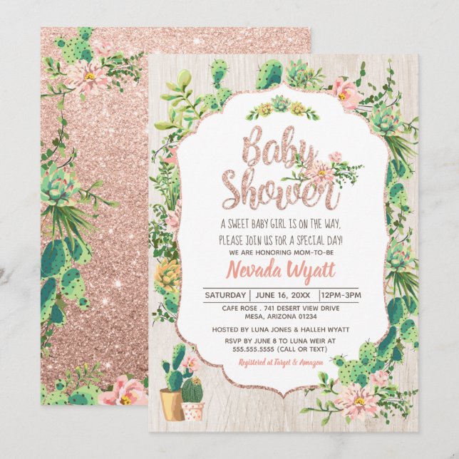 Invitation de Baby shower d'or Rose et fleur du dé (Devant / Derrière)