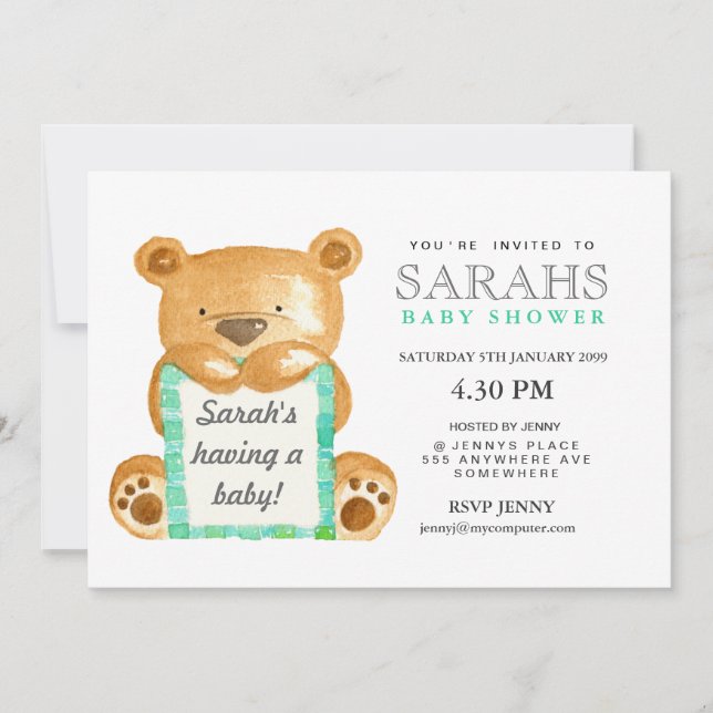 Invitation de baby shower d'ours de nounours (Devant)