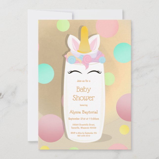 Invitation de baby shower du biberon | de licorne (Devant)