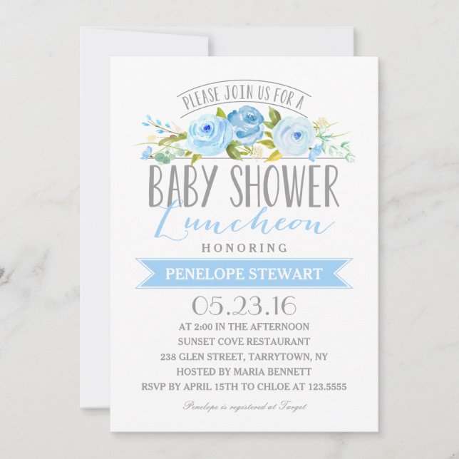 Invitation de baby shower du bleu | de déjeuner de (Devant)