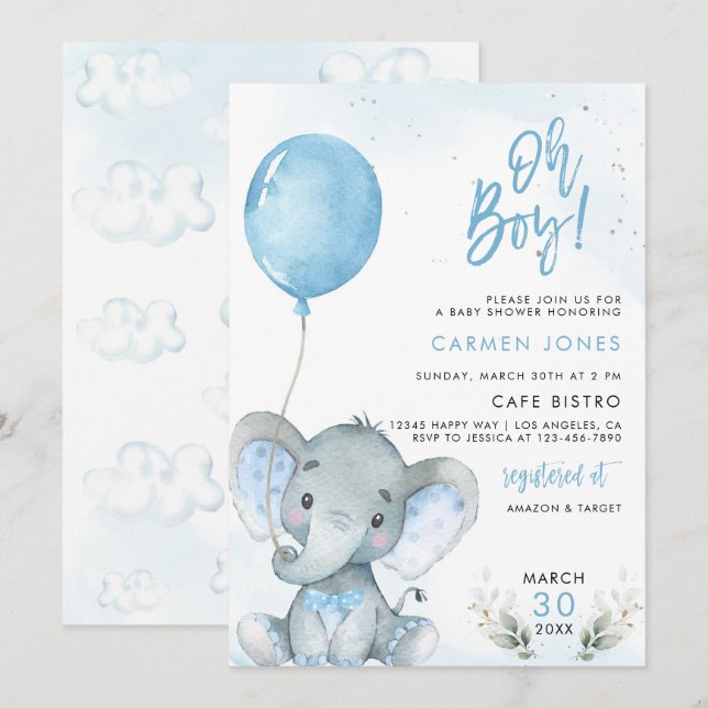 Invitation de Baby Shower Éléphant avec Ballon Ble (Devant / Derrière)