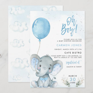 Invitation de Baby Shower Éléphant avec Ballon Ble