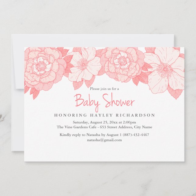Invitation de Baby shower en fleurs de corail (Devant)
