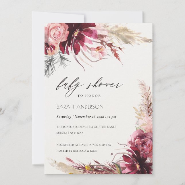Invitation de Baby shower en herbe Burgundy Blush  (Devant)