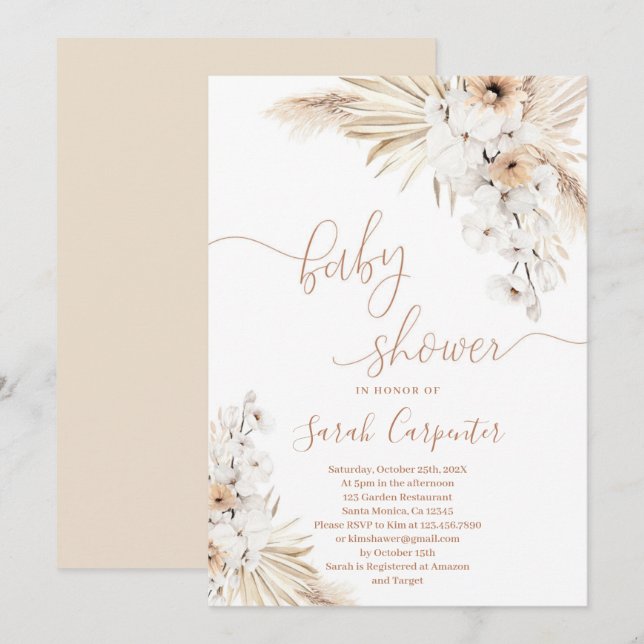 Invitation de Baby shower en laiton Boho Pampas (Devant / Derrière)