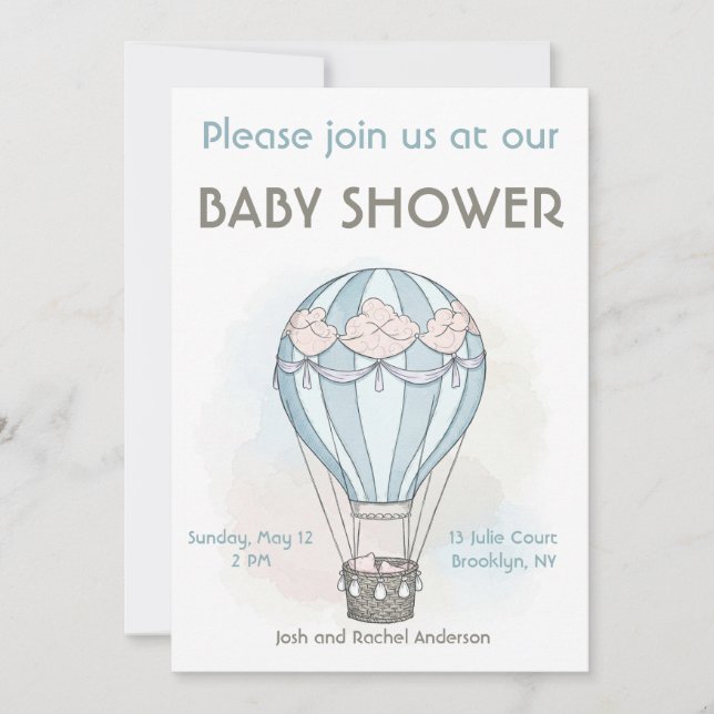 Invitation de baby shower en montgolfière fantaisi (Devant)