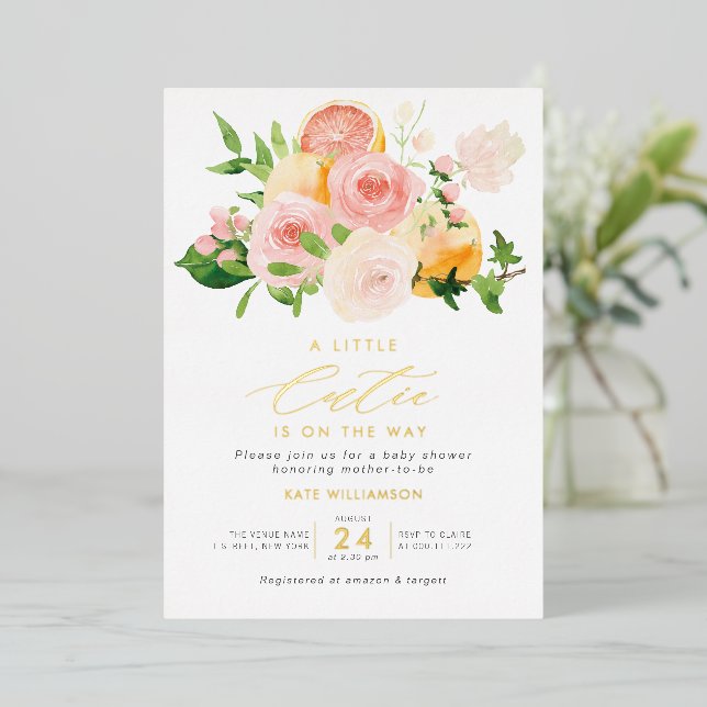 Invitation de baby shower en papier doré petite ch (Debout devant)