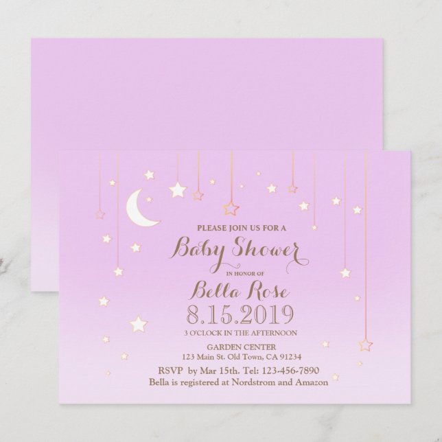 Invitation de baby shower fille de lune d'étoile v (Devant / Derrière)