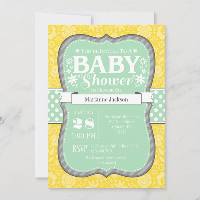 Invitation de Baby Shower Fleurie Jaune Menthe Gri (Devant)