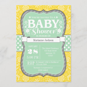 Invitation de Baby Shower Fleurie Jaune Menthe Gri