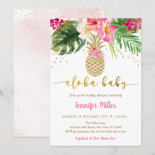 Invitation de Baby Shower Fleurie Or Rose Ananas