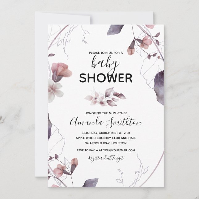 Invitation de Baby Shower Fleurs Aquarelle Violett (Devant)
