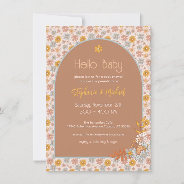 Invitation de Baby shower Floral Boho Retro (Devant)