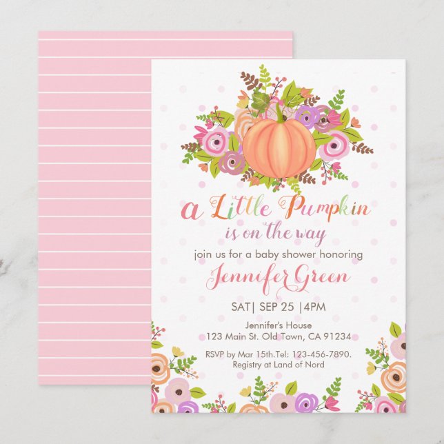 Invitation de Baby shower Floral Citrouille rose (Devant / Derrière)