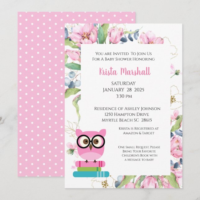 Invitation de Baby shower Floral de Chouette rose  (Devant / Derrière)
