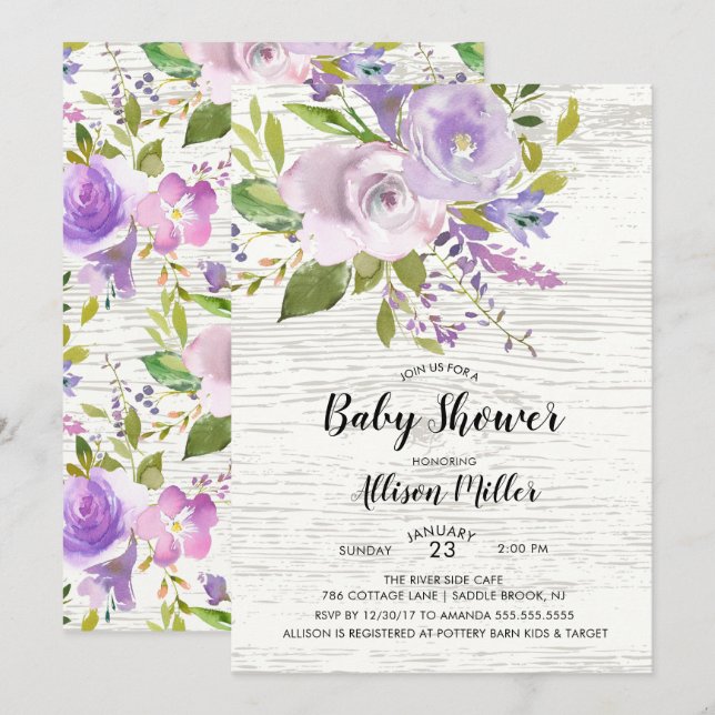 Invitation de Baby shower floral de lavande rustiq (Devant / Derrière)