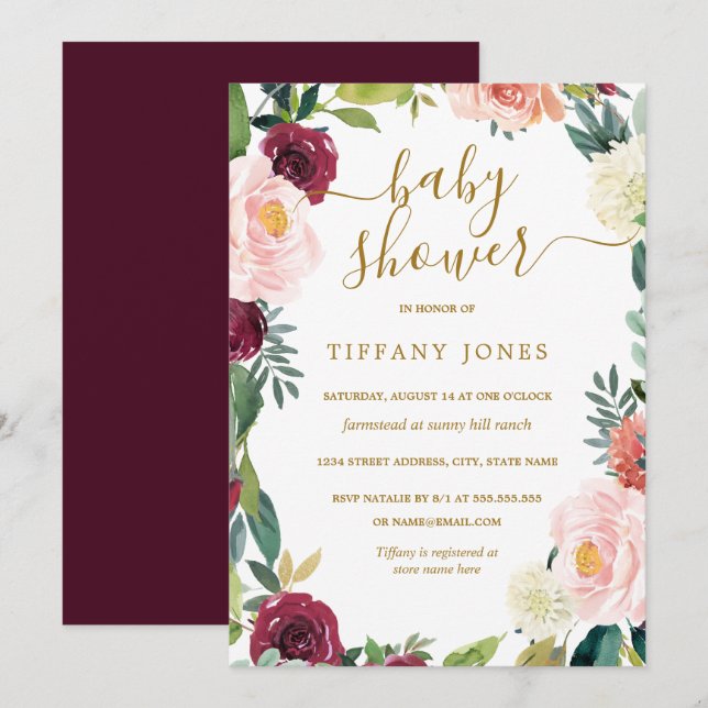 Invitation de Baby shower floral d'or de Bourgogne (Devant / Derrière)