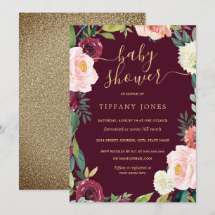 Invitation de Baby shower Floral Gold Blush Bourgo