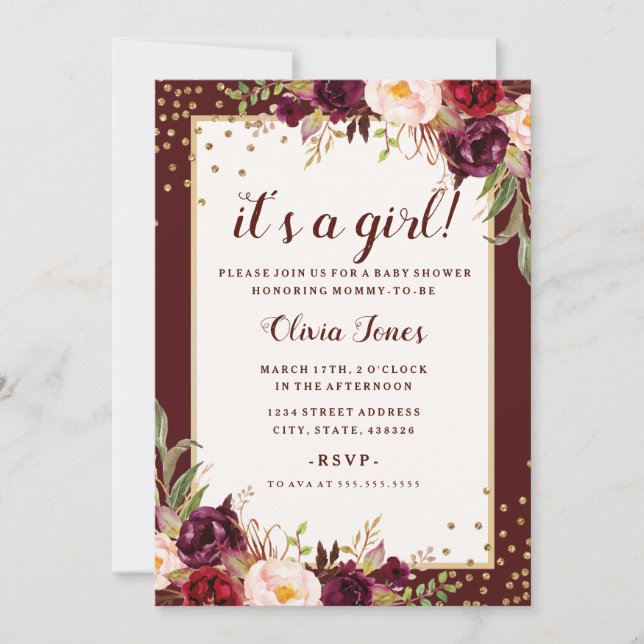 Invitation de Baby shower Floral Gold Burgundy (Devant)