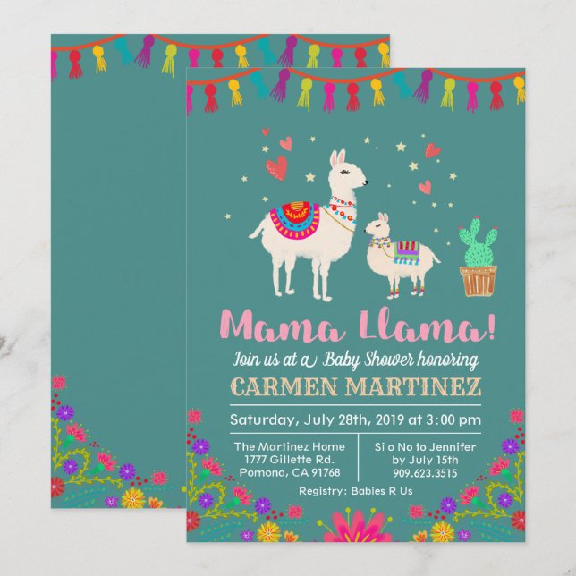 Invitation de Baby shower floral Llama (Devant / Derrière)