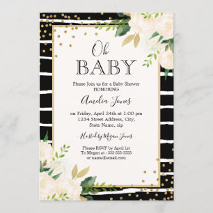 Invitation de Baby Shower Floral Or Noir Blanc Oh