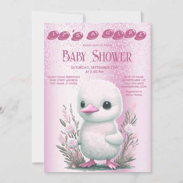 Invitation de Baby shower Floral Rose de Canard bl (Devant)