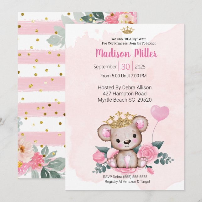 Invitation de Baby shower Floral Rose de Princess  (Devant / Derrière)