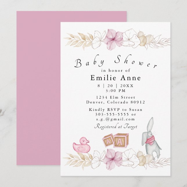 Invitation de Baby shower floral rose délicate (Devant / Derrière)