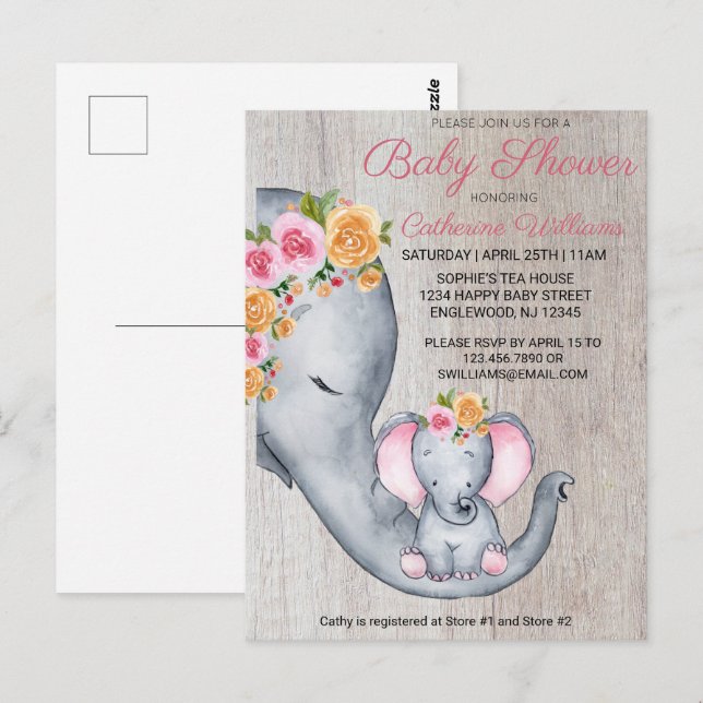 Invitation de Baby shower Floral Rose Eléphant mig (Devant / Derrière)