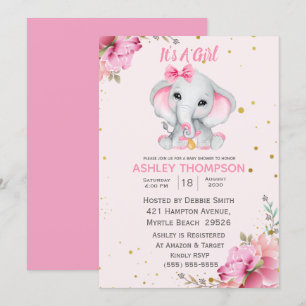 Invitation de Baby shower Floral Rose Eléphant mig