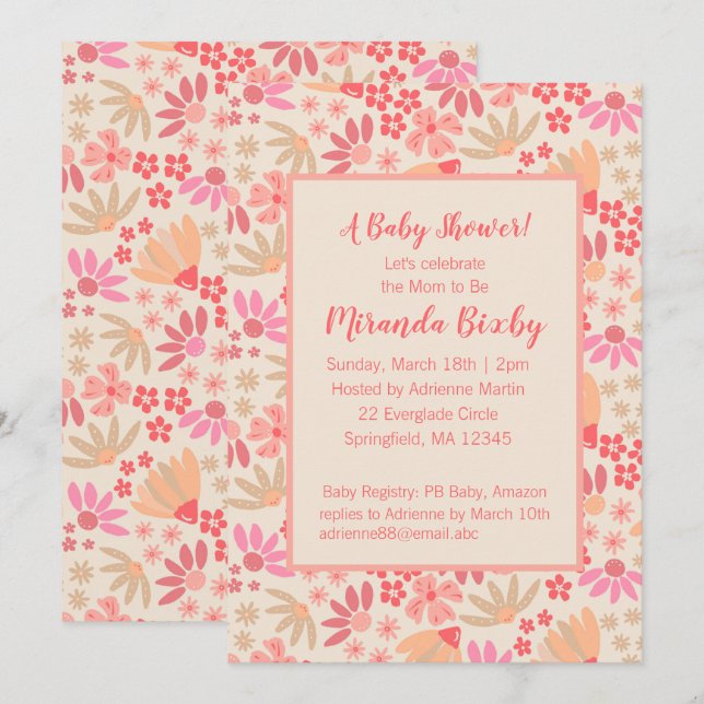 Invitation de Baby shower floral rose et pêche (Devant / Derrière)