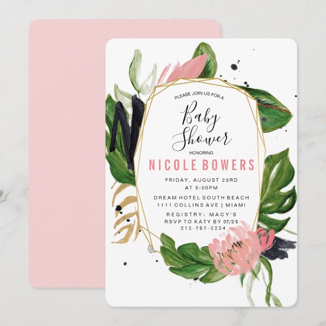 Invitation de Baby shower floral tropical (Devant / Derrière)
