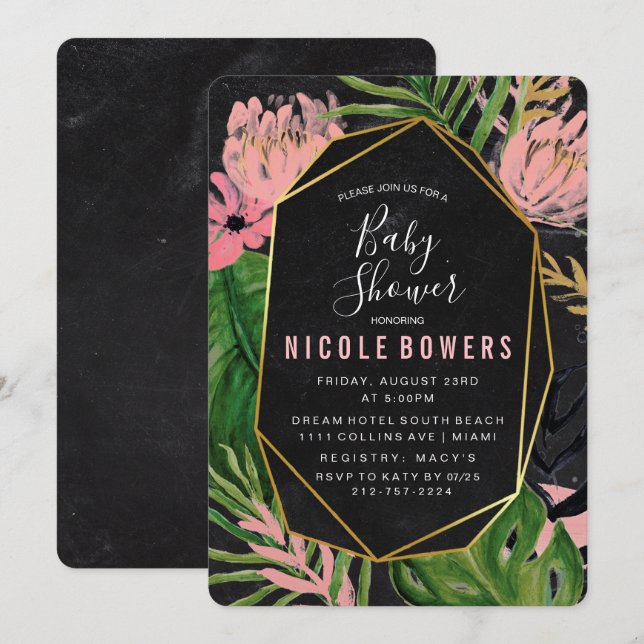 Invitation de Baby shower floral tropical (Devant / Derrière)
