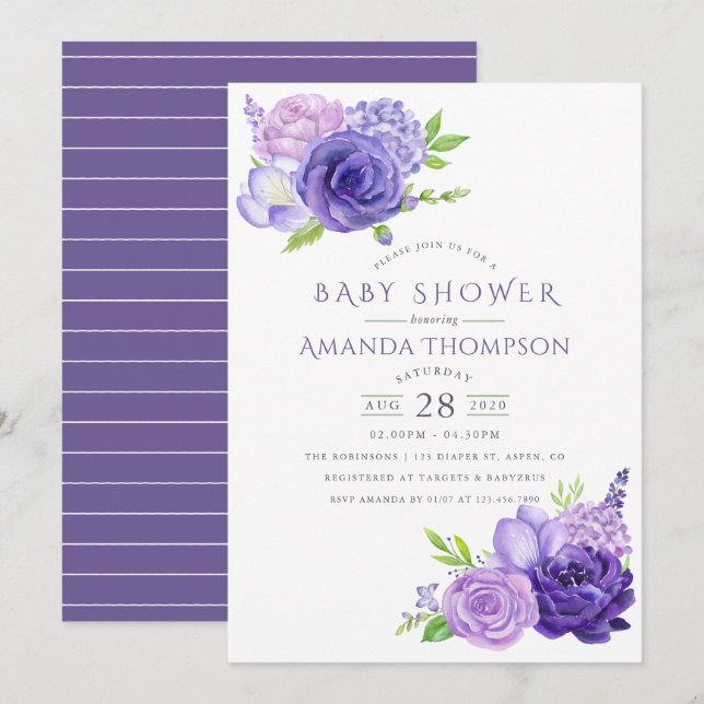 Invitation de Baby shower Floral Ultra Violet (Devant / Derrière)