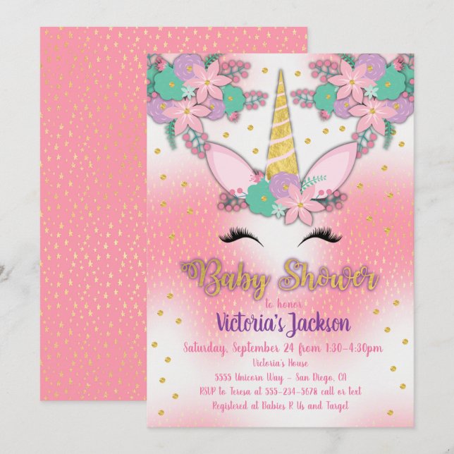 Invitation de Baby shower floral Unicorne d'or (Devant / Derrière)