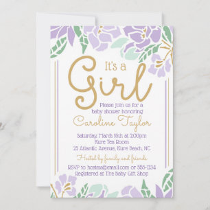 Invitation de Baby shower floral violet et or