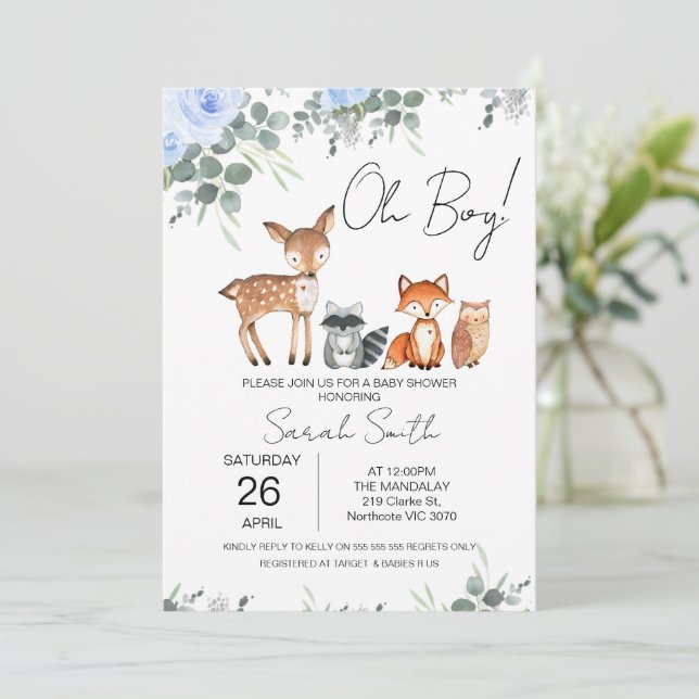 Invitation de Baby Shower Florale Bleue de la Forê (Debout devant)