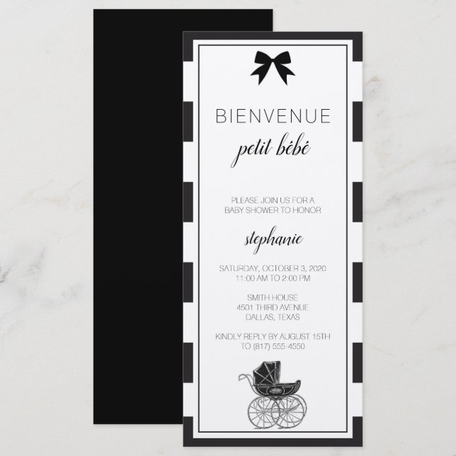 Invitation de Baby shower français noir et blanc (Devant / Derrière)