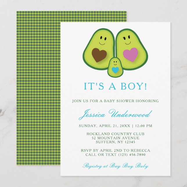 Invitation de Baby shower garçon à l'Avocado migno (Devant / Derrière)