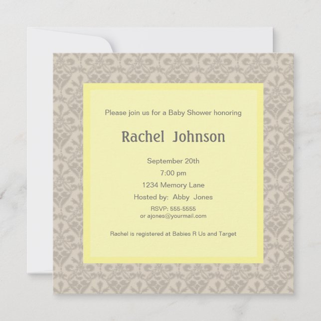Invitation de Baby shower gris et jaune (Devant)