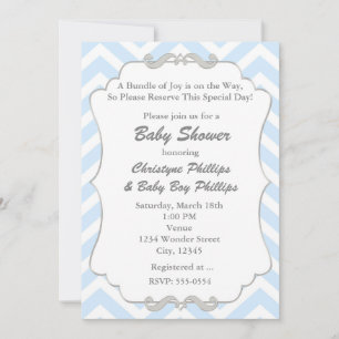 Invitation de baby shower grise et bleue à chevron