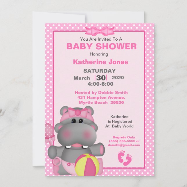 Invitation de Baby shower Hippo rose mignon (Devant)