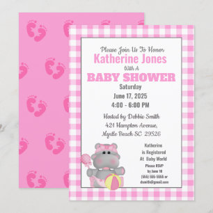 Invitation de Baby shower Hippo rose mignon
