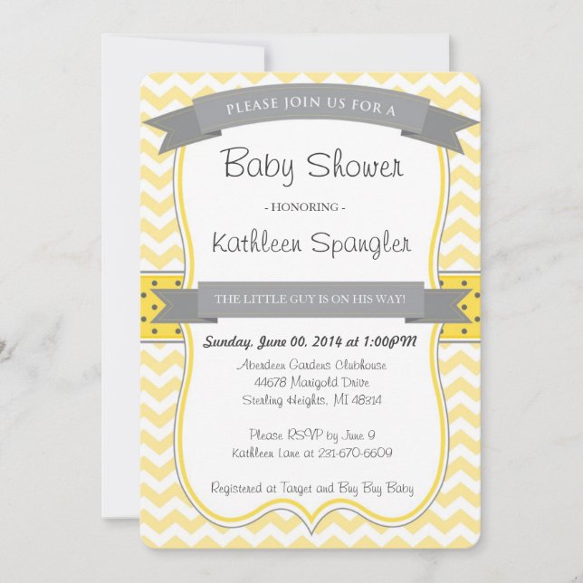 Invitation de Baby shower jaune et gris (Devant)