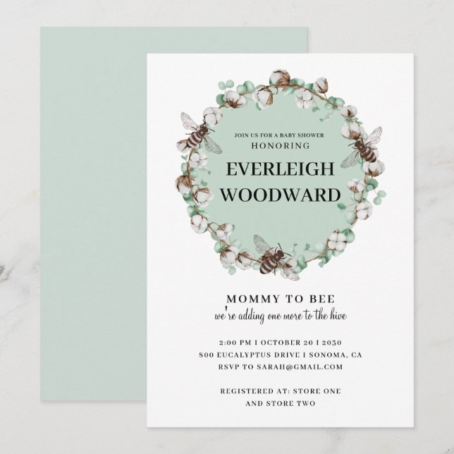 Invitation de Baby Shower Miel Vert Menthe (Devant / Derrière)